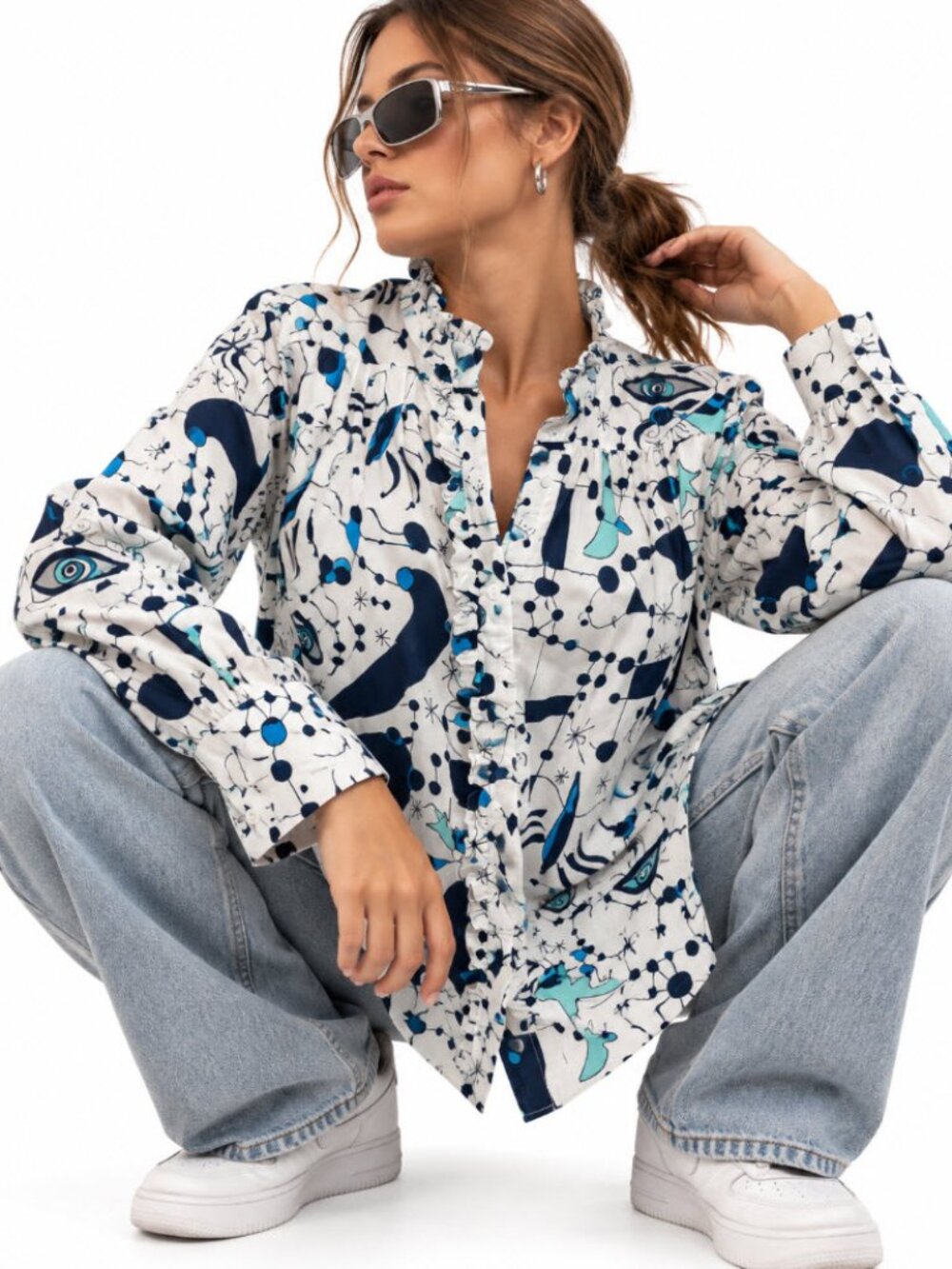 Comrags White Navy Aqua Floral Ruffle Button-Down Shirt Medium Cotton Artsy Boho